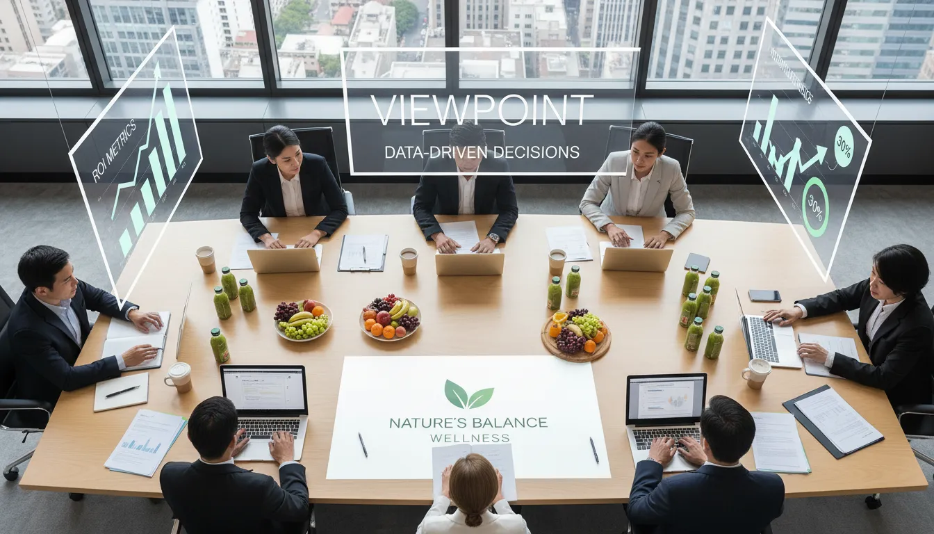 Visão superior de uma reunião de estratégia de marketing, com branding wellness e gráficos de ROI, demonstrando decisões baseadas em dados para otimizar international ppc.