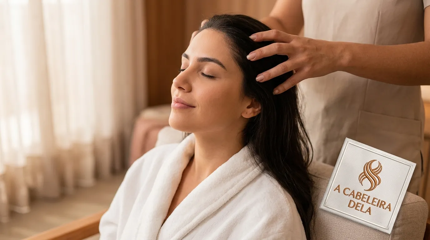 Massagem capilar suave relaxando pessoa com couro cabeludo sensível e dolorido.