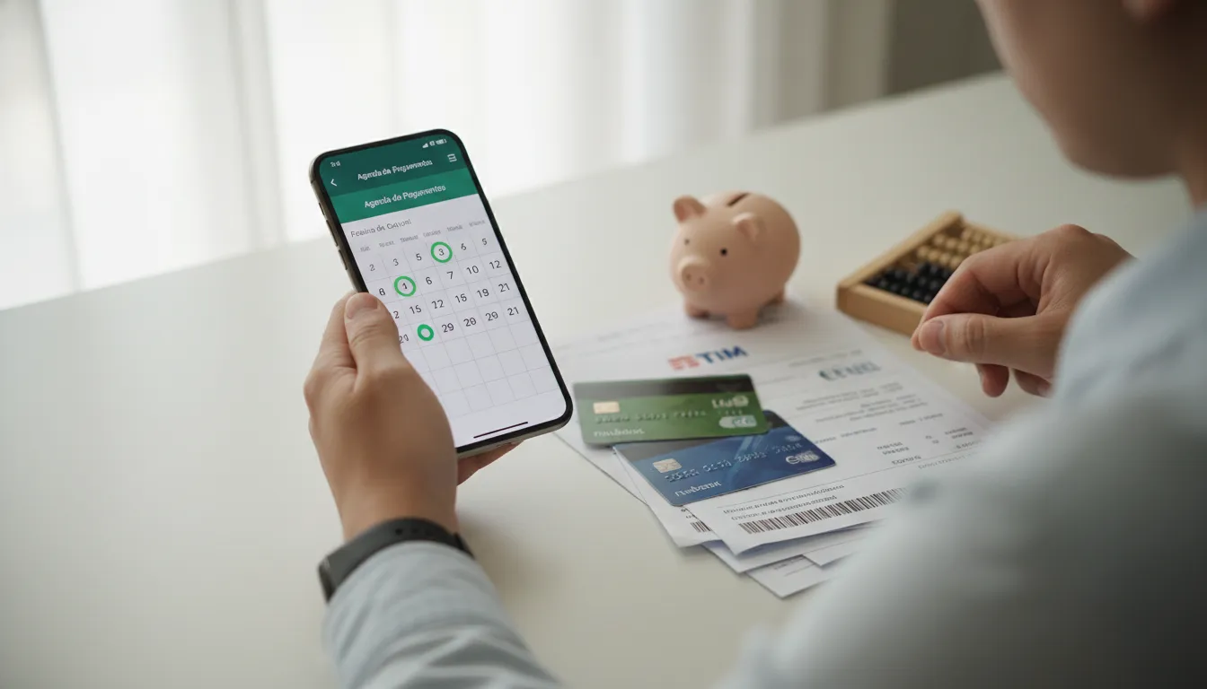 Pessoa agendando pagamentos em smartphone ao lado de boletos e cartões bancários