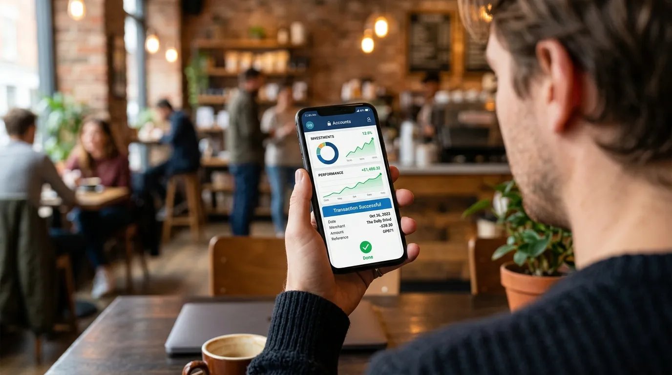 Celular mostrando dados de como ganhar dinheiro indicando produtos financeiros em ambiente aconchegante.
