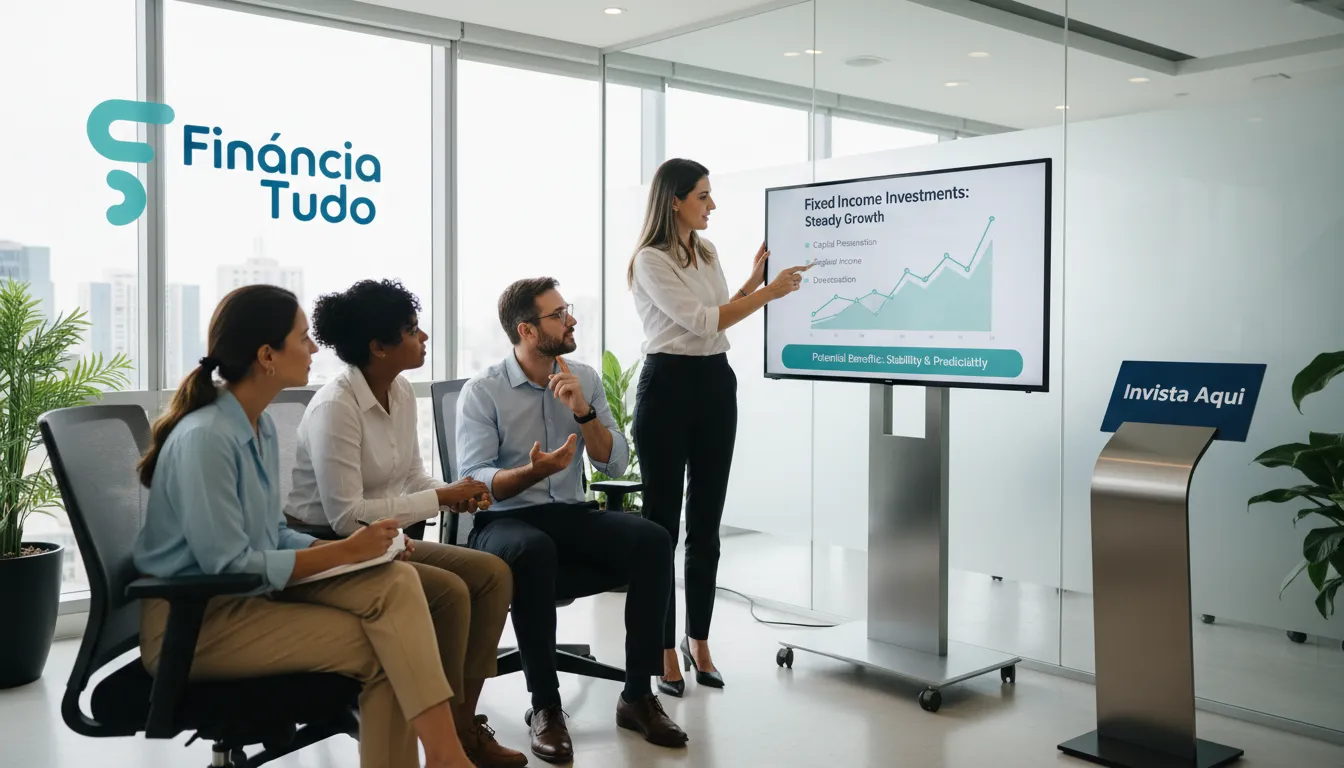 Pessoas diversas planejando o futuro financeiro com um consultor da Financia Tudo, mostrando os benefícios dos investimentos em renda fixa.