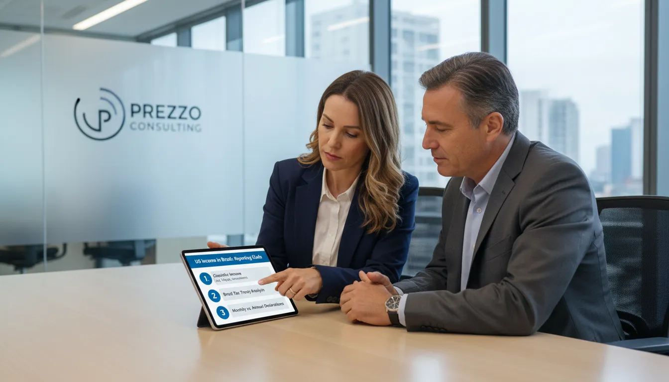 Consultor da Prezzo Consulting explicando como declarar renda dos EUA no Brasil para um cliente, usando um tablet com um guia passo a passo.