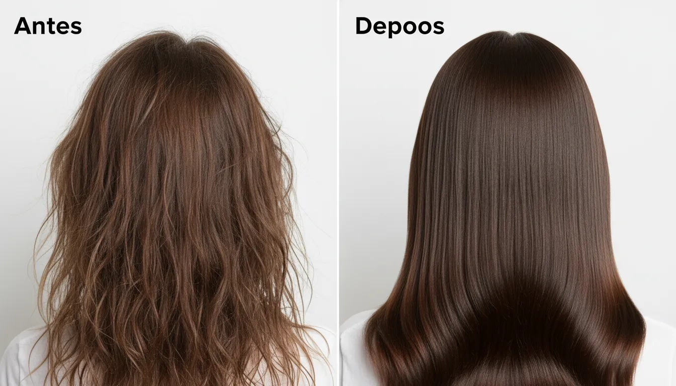 Imagem comparativa dos resultados da umectação capilar, mostrando o antes (cabelo seco) e o depois (cabelo hidratado).