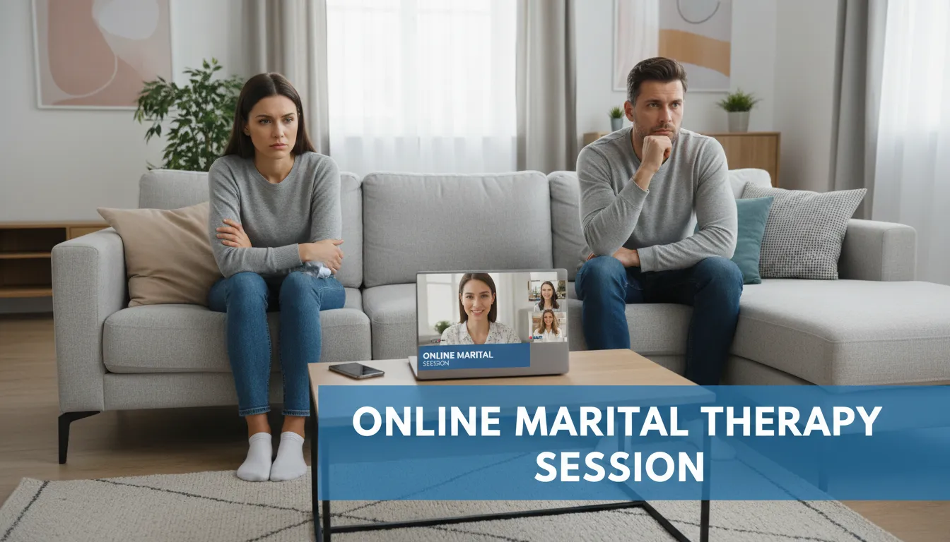 Casal enfrentando conflitos participa de terapia online mediada por terapeuta em videoconferência.