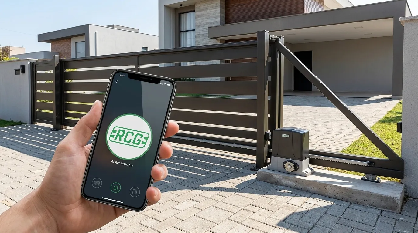 Visão geral de garagem com comando de portão eletrônico integrado ao celular.