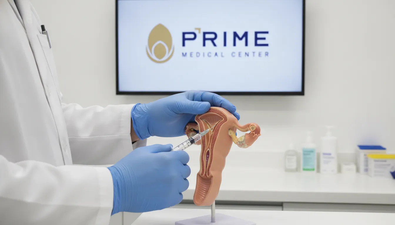 Profissional de saúde demonstra técnica de injeção intracavernosa em modelo anatômico, ensinando procedimento.