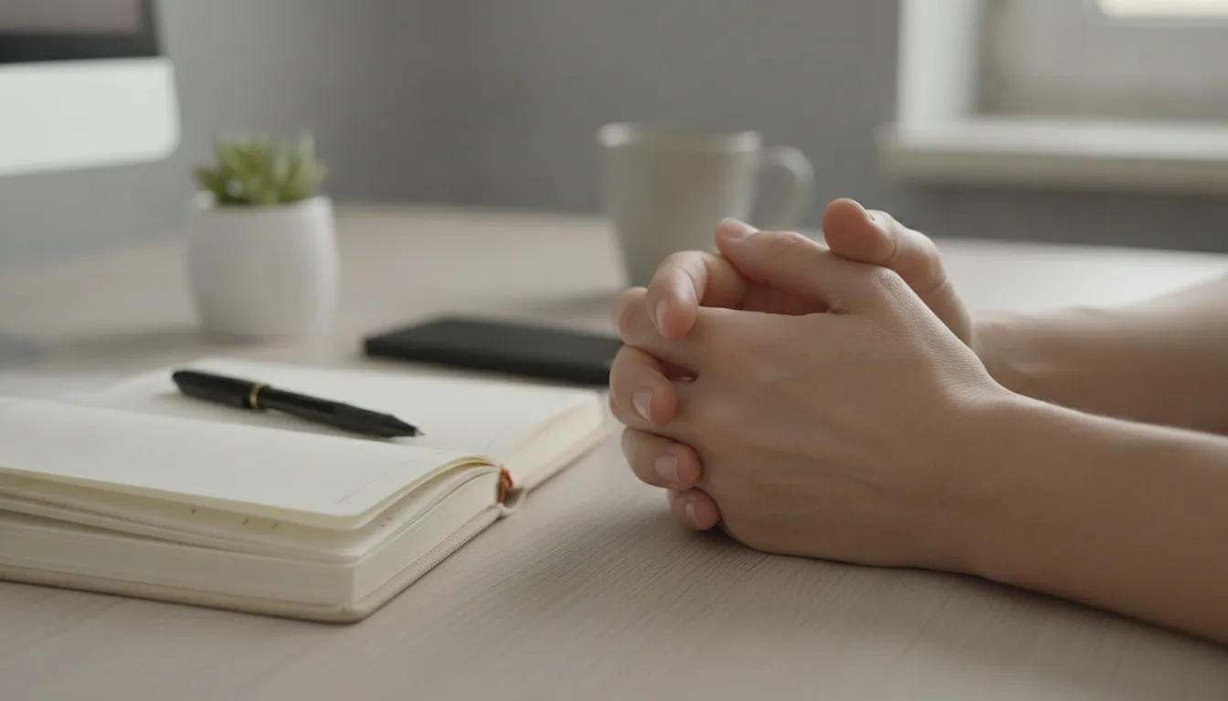 Mãos cansadas sobre mesa de escritório, simbolizando a fadiga e desmotivação crônica da distimia.