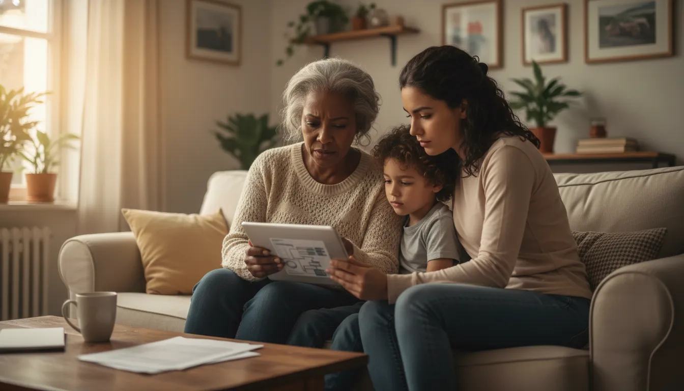 Família unida em casa, usando tablet para pesquisar auxílio reclusão e direitos previdenciários.