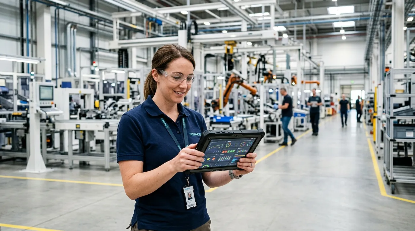 Engenheiro utilizando tablet com indicadores para otimização da manutenção industrial.