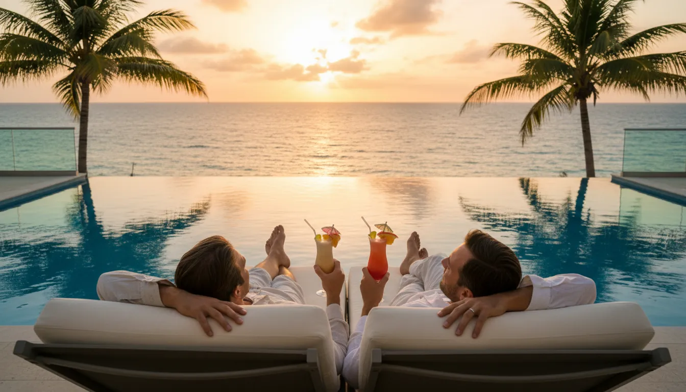Casal relaxa tranquilamente em uma piscina de borda infinita em Cancun, apreciando o pôr do sol caribenho.