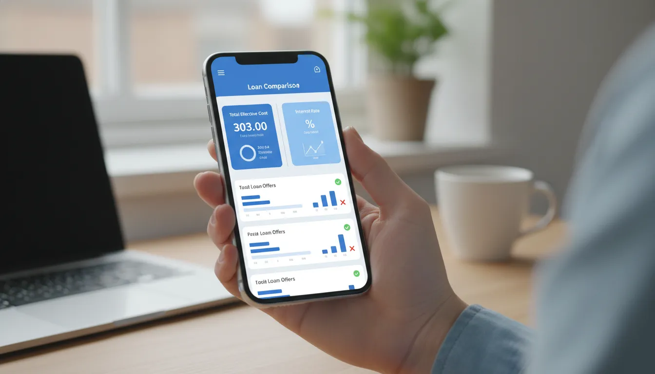 Mão segura smartphone exibindo aplicativo Financia Tudo comparando o que é CET no empréstimo.