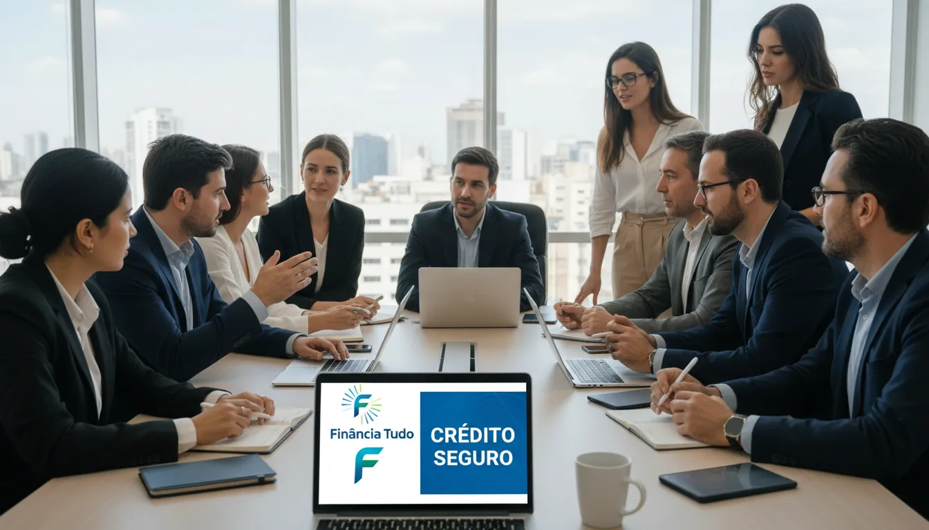 Colaboradores em um escritório moderno discutem estratégias financeiras e práticas seguras de empréstimo online. A Financia Tudo oferece soluções de crédito.