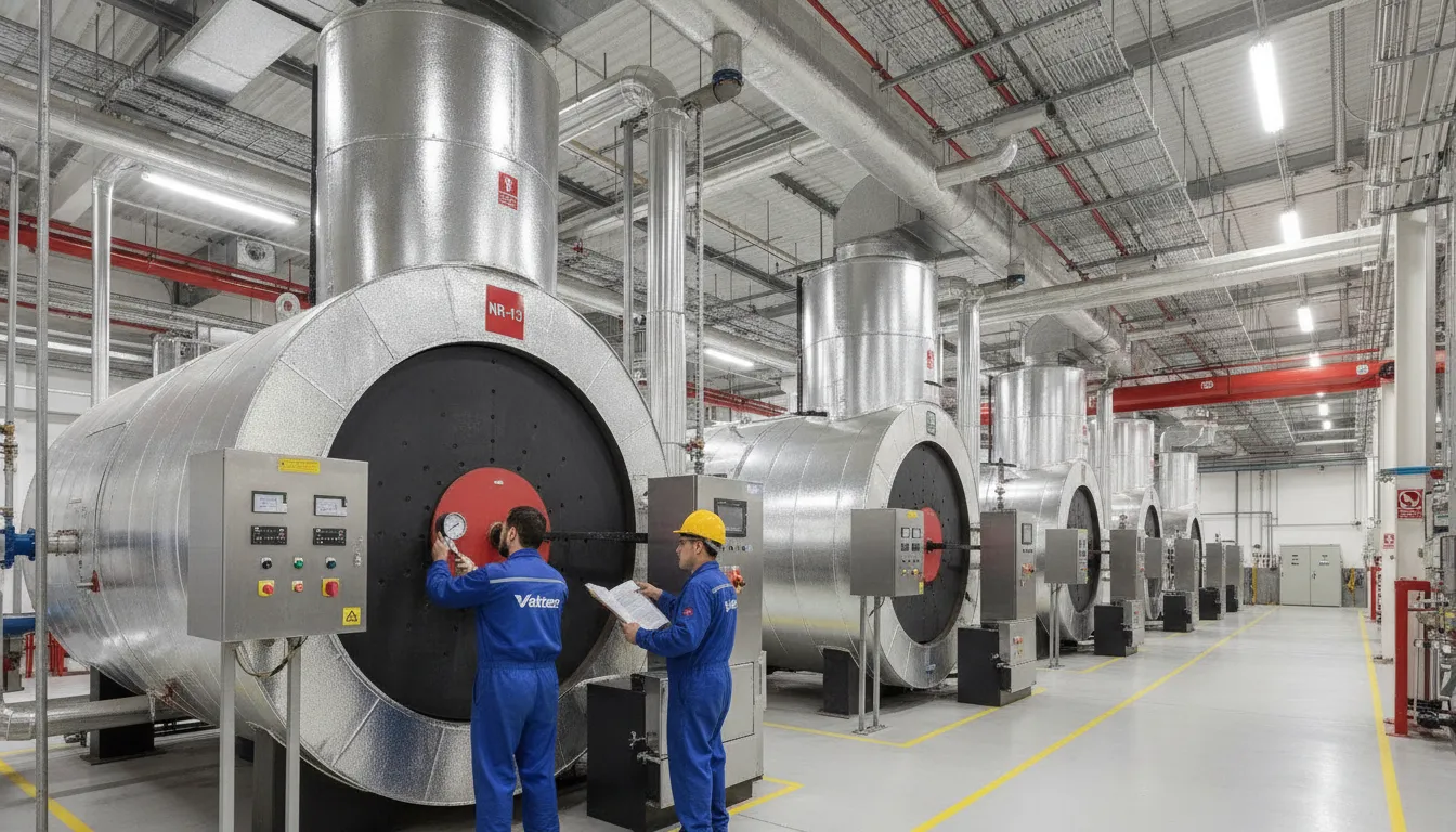 Manutenção em caldeiras e vasos de pressão em planta industrial, seguindo rigorosamente a NR-13 para segurança.