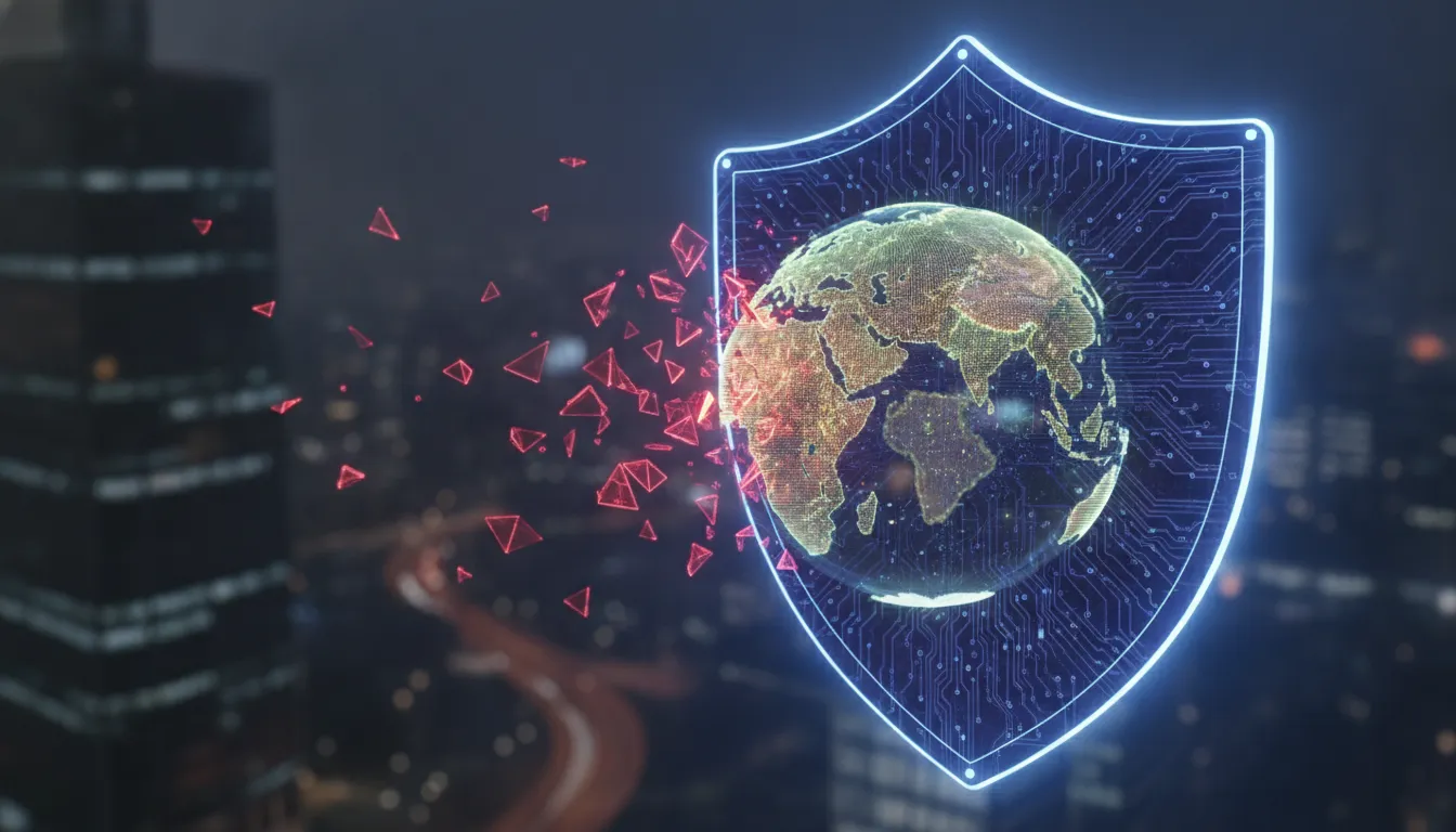 Escudo digital protegendo globo de ameaças cibernéticas, ilustrando tendências de segurança em M&A globais.
