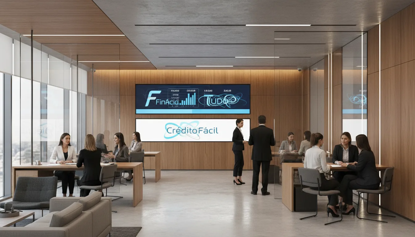 Interior movimentado de uma agência bancária moderna com pessoas consultando opções de financiamento de imóveis comerciais e residenciais.