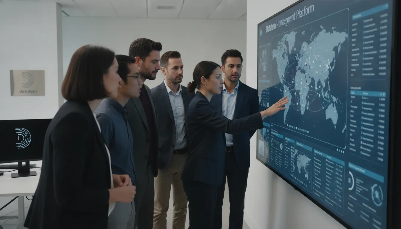 Profissionais gerenciam conectividade IoT M2M na plataforma Datatem, utilizando dados SGP.32 em tempo real.