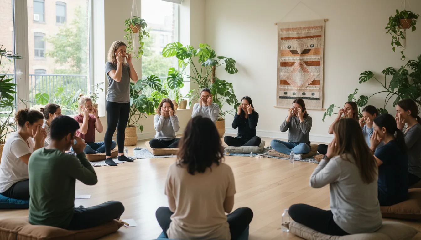 Grupo diverso aprendendo a técnica EFT em workshop, demonstrando os toques em pontos específicos do rosto.