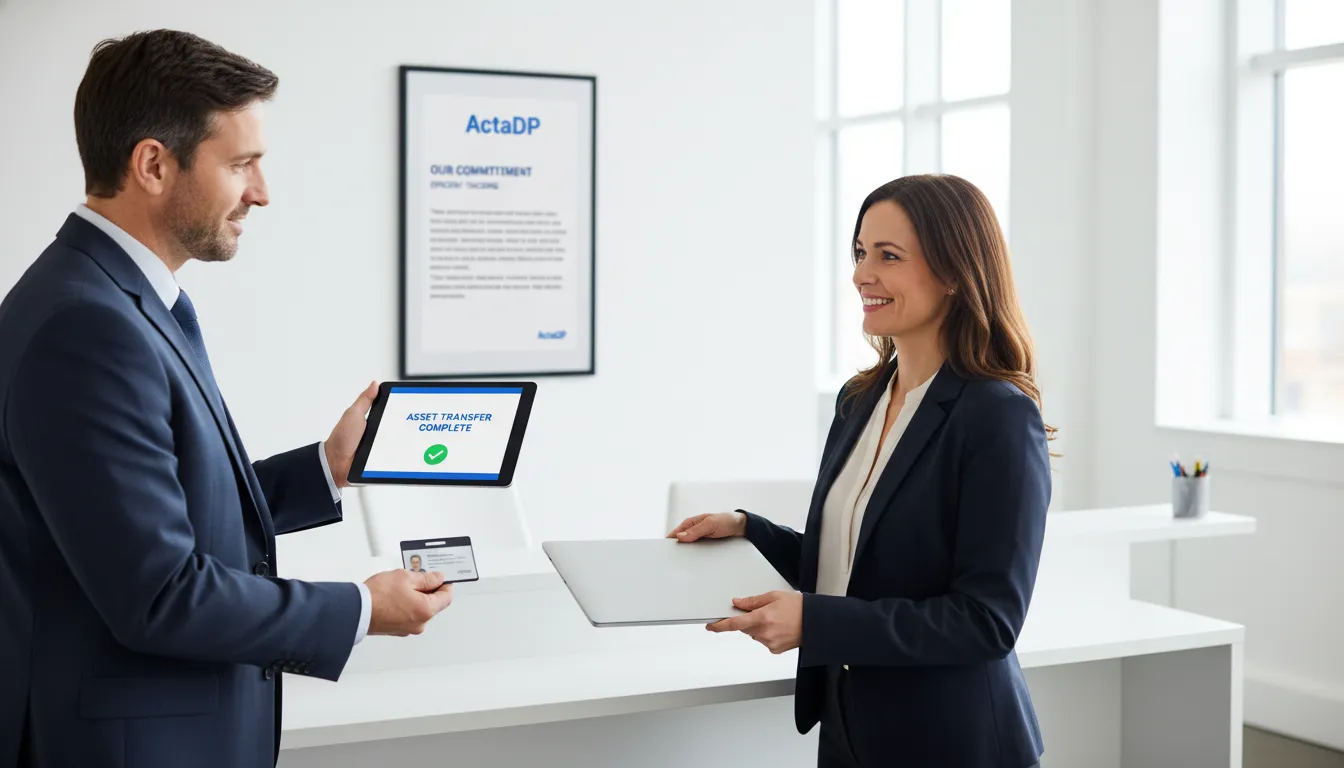 Colaborador recebendo laptop e crachá, com gestor registrando a entrega digitalmente para controle de ativos.