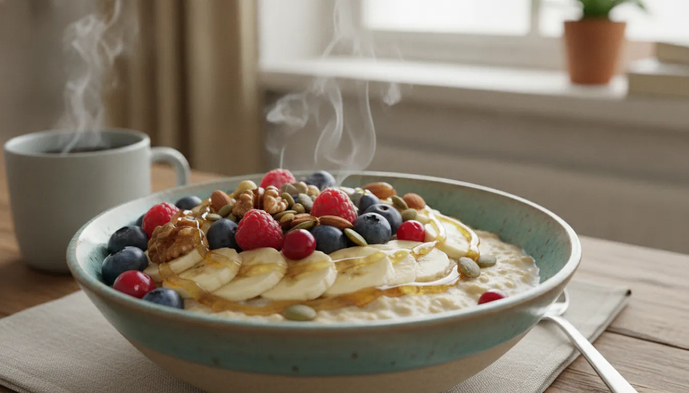 Tigela colorida cafe da manha saudavel, frutas, aveia. Inverno e autocuidado com alimentacao nutritiva.