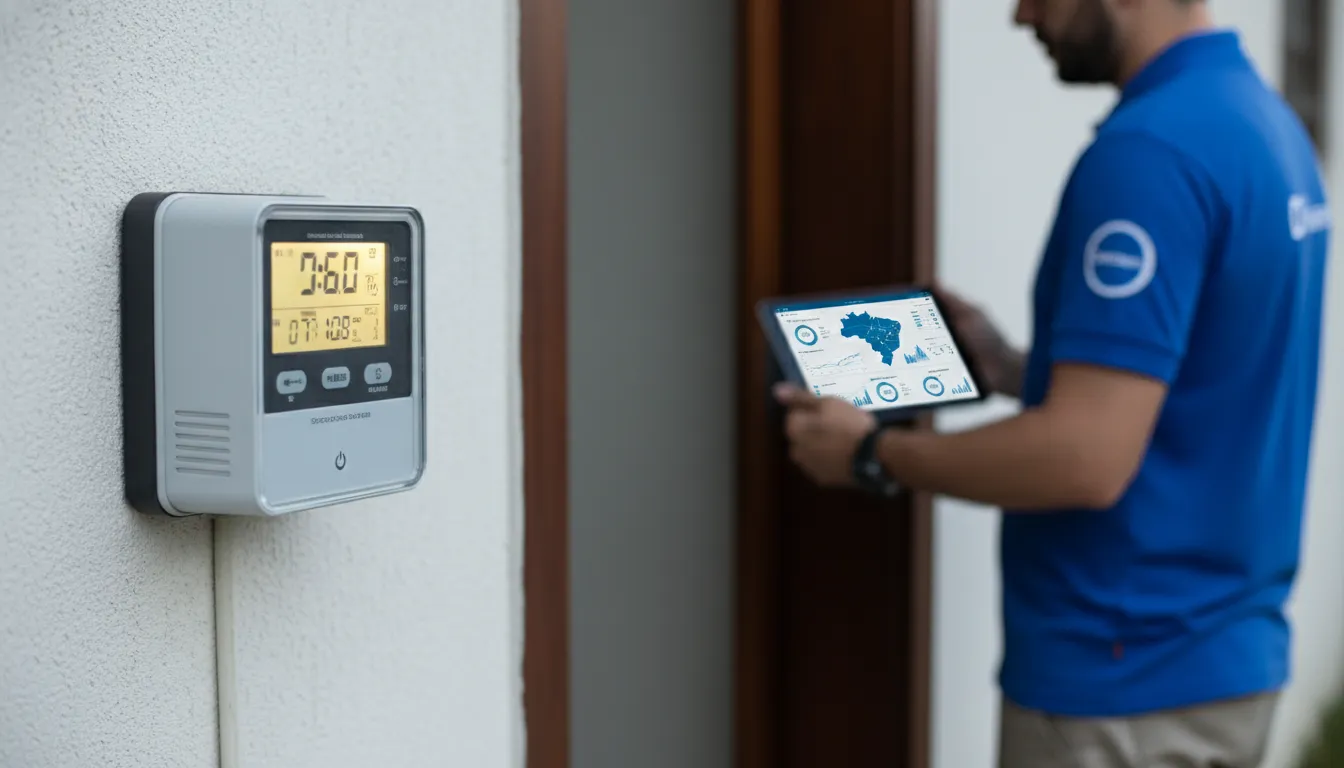 Medidor inteligente em casa brasileira, técnico Datatem monitora smart grid via plataforma de gestão M2M.
