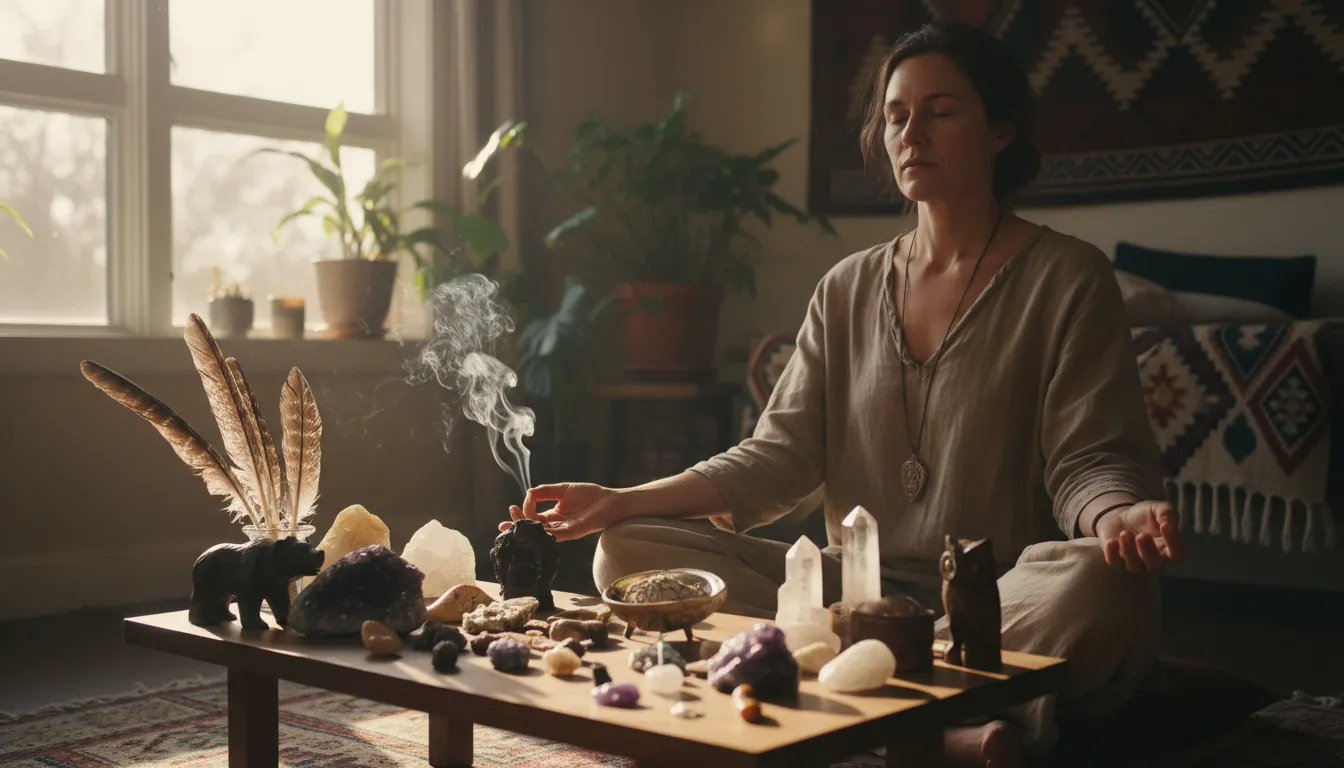 Pessoa meditando cercada de símbolos xamânicos, expressando paz e autoconhecimento.