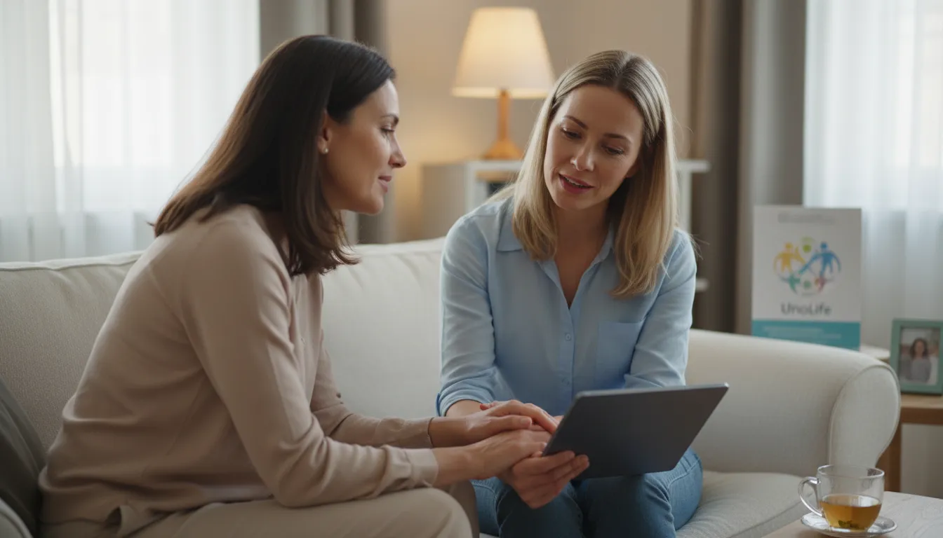 Mãe recebendo apoio genuíno de amiga, conversando com empatia. A importância da rede de suporte na maternidade real.