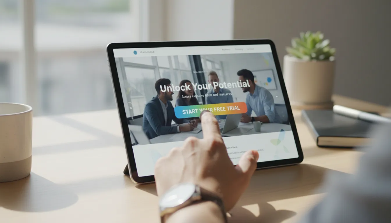 30 Ideias de CTA Prontos para Botões em Sites e Landing Pages 1 Close-up de mão prestes a clicar em botão CTA em tablet, com landing page profissional ao fundo.
