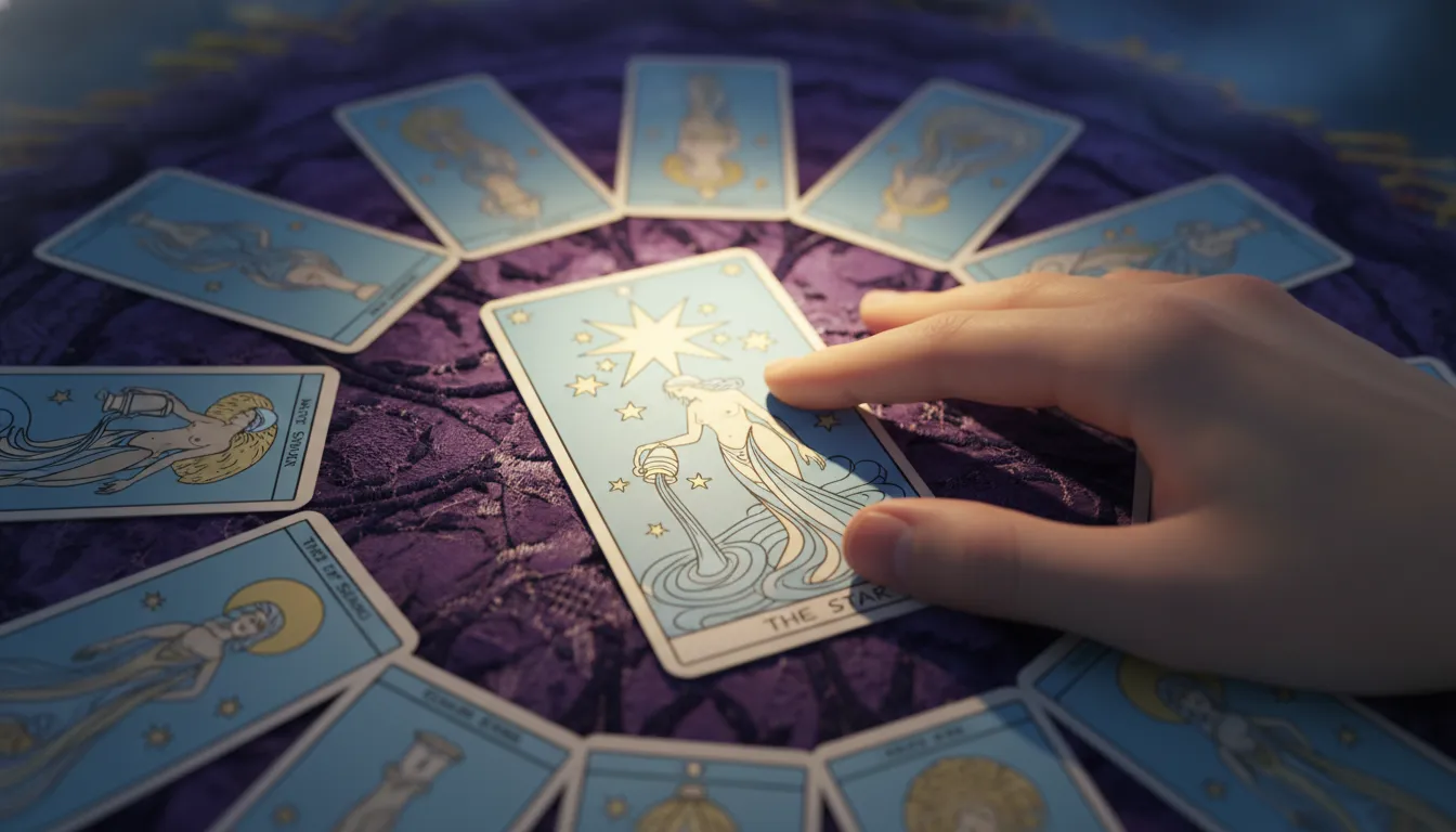 Mão tocando a carta 'A Estrela' de um tarô online, simbolizando esperança, clareza e futuro brilhante.