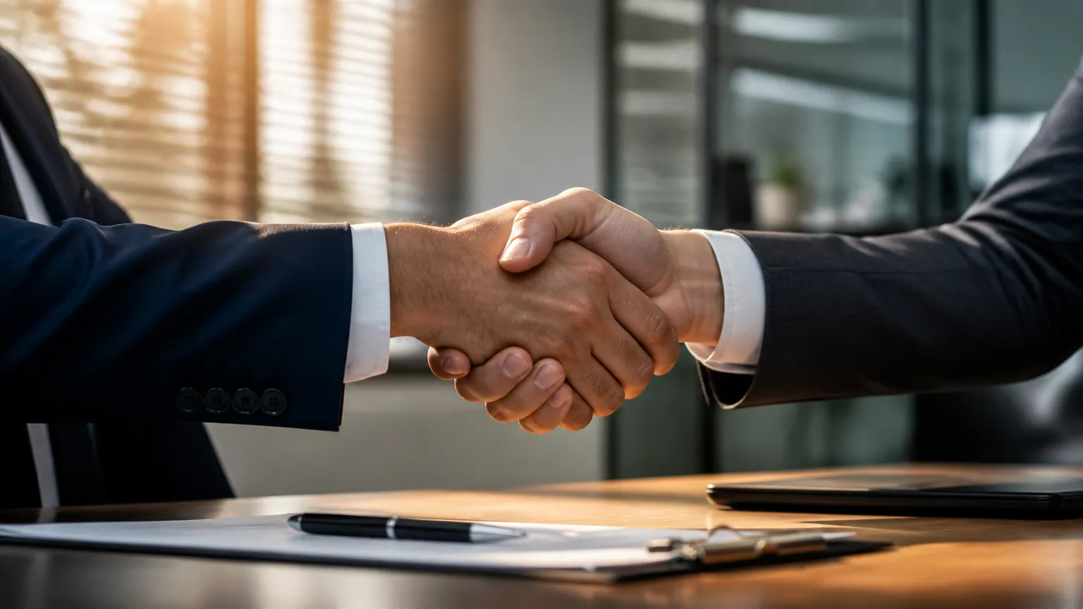 Aperto de mão selando acordo em rede de parceiros para geração de negócios no mercado.