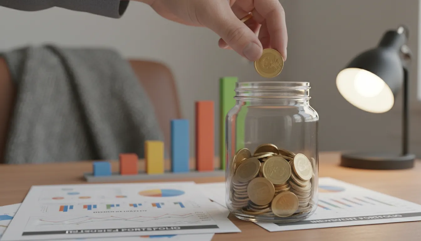 Mão depositando moeda em pote de vidro simbolizando o início de uma carteira de investimentos diversificada.