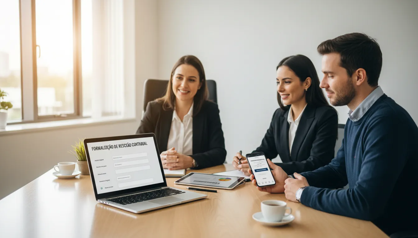 Reunião amigável de rescisão contratual usando soluções digitais, enfatizando respeito e agilidade