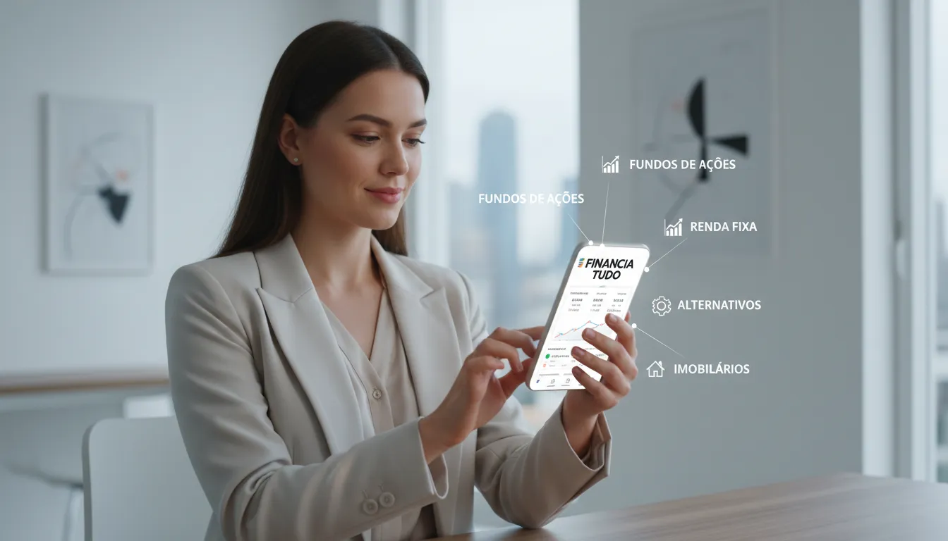 Jovem investidora utiliza app financeiro para comparar e simular investimentos em diferentes classes de ativos.