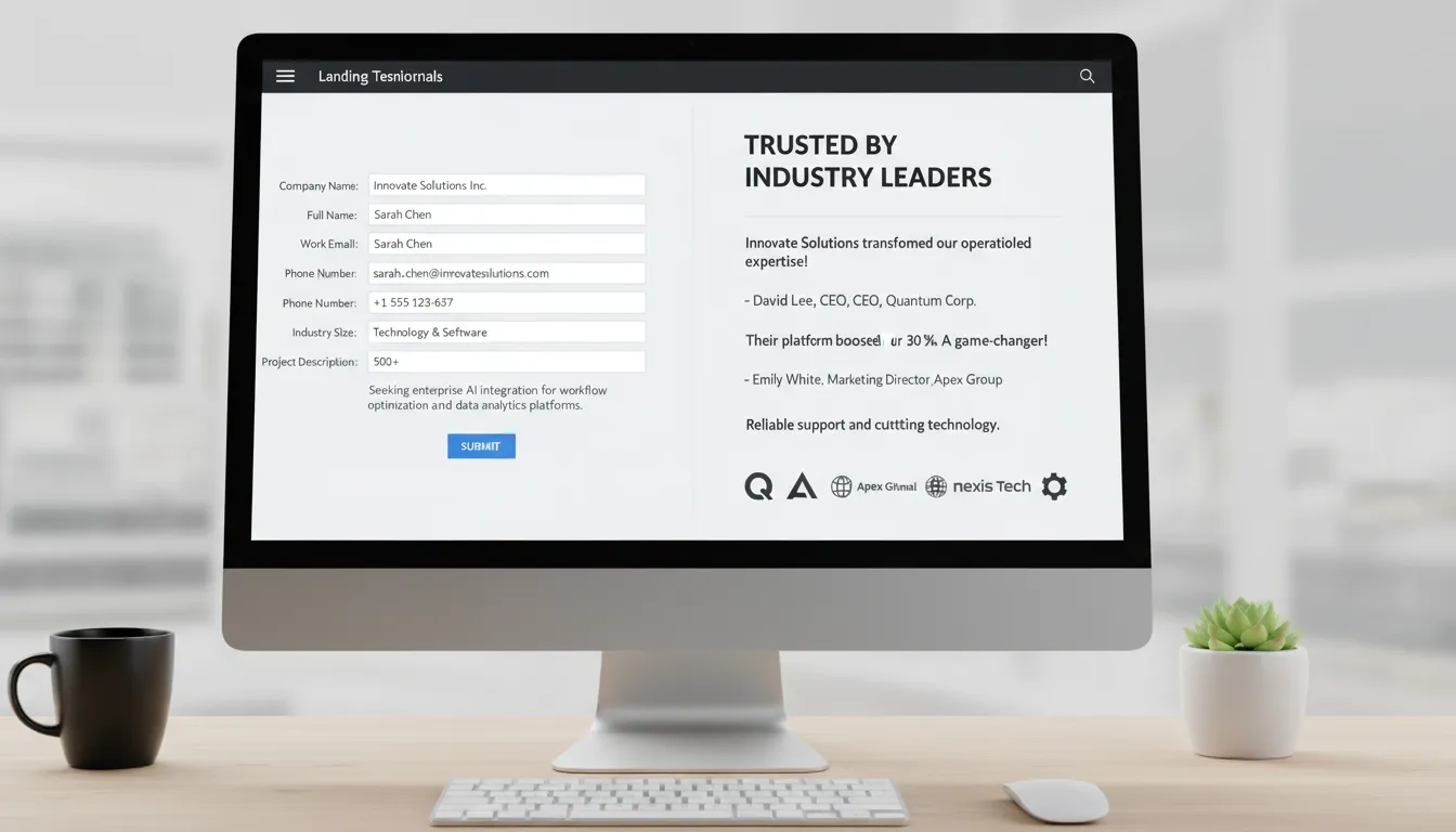 10 Exemplos de Landing Pages B2B que Geram Leads Qualificados 1 Página de captura B2B com formulário preenchido e depoimentos de clientes visíveis em ambiente profissional.