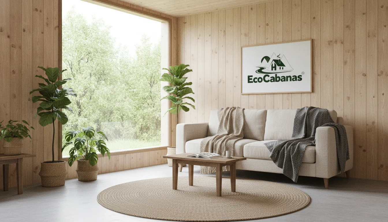 Interior aconchegante de casa de madeira simples e barata, com luz natural e decoração minimalista. Conforto premium.