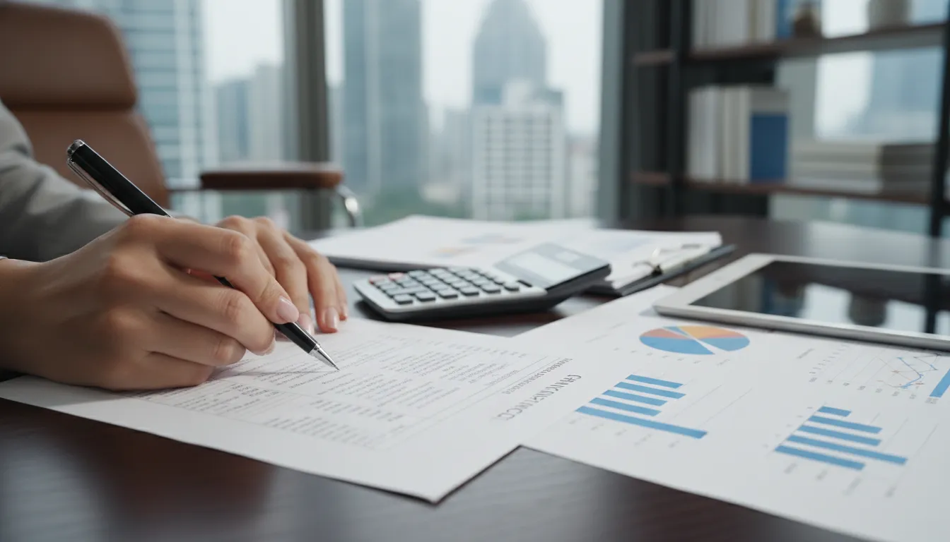 Fiscalização detalhada de contrato de financiamento com calculadora e gráficos