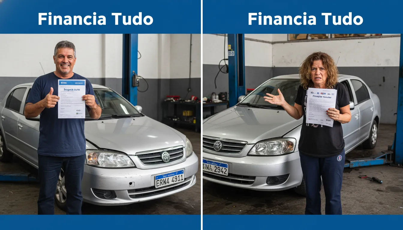 Comparativo visual entre a tranquilidade do seguro auto e a incerteza da proteção veicular, com Financia Tudo.