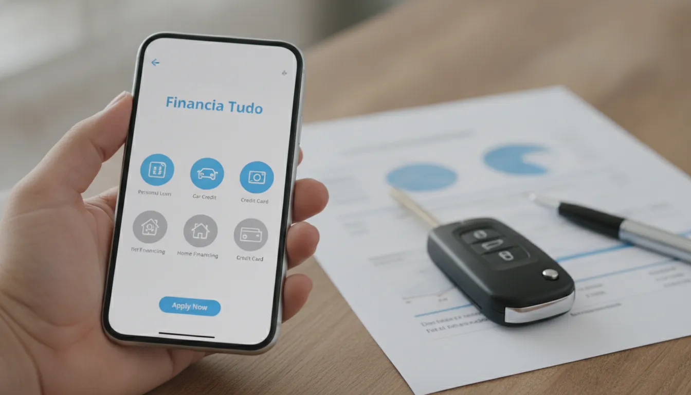 Mão usando app Financia Tudo, chave de carro; veículo financiado como garantia de crédito.