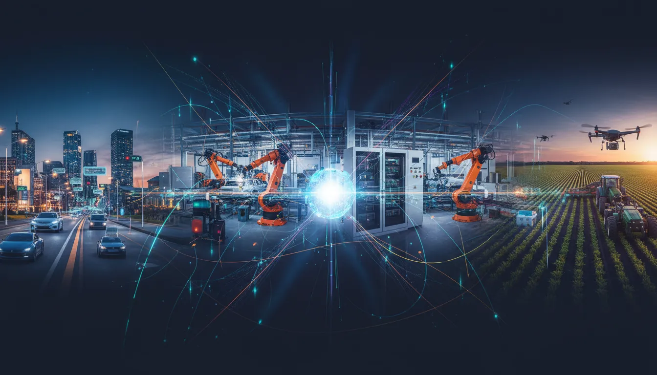 Visão panorâmica de dispositivos M2M e IoT de diversos setores gerenciados por uma API central. Automação industrial, cidades inteligentes e agricultura de precisão.