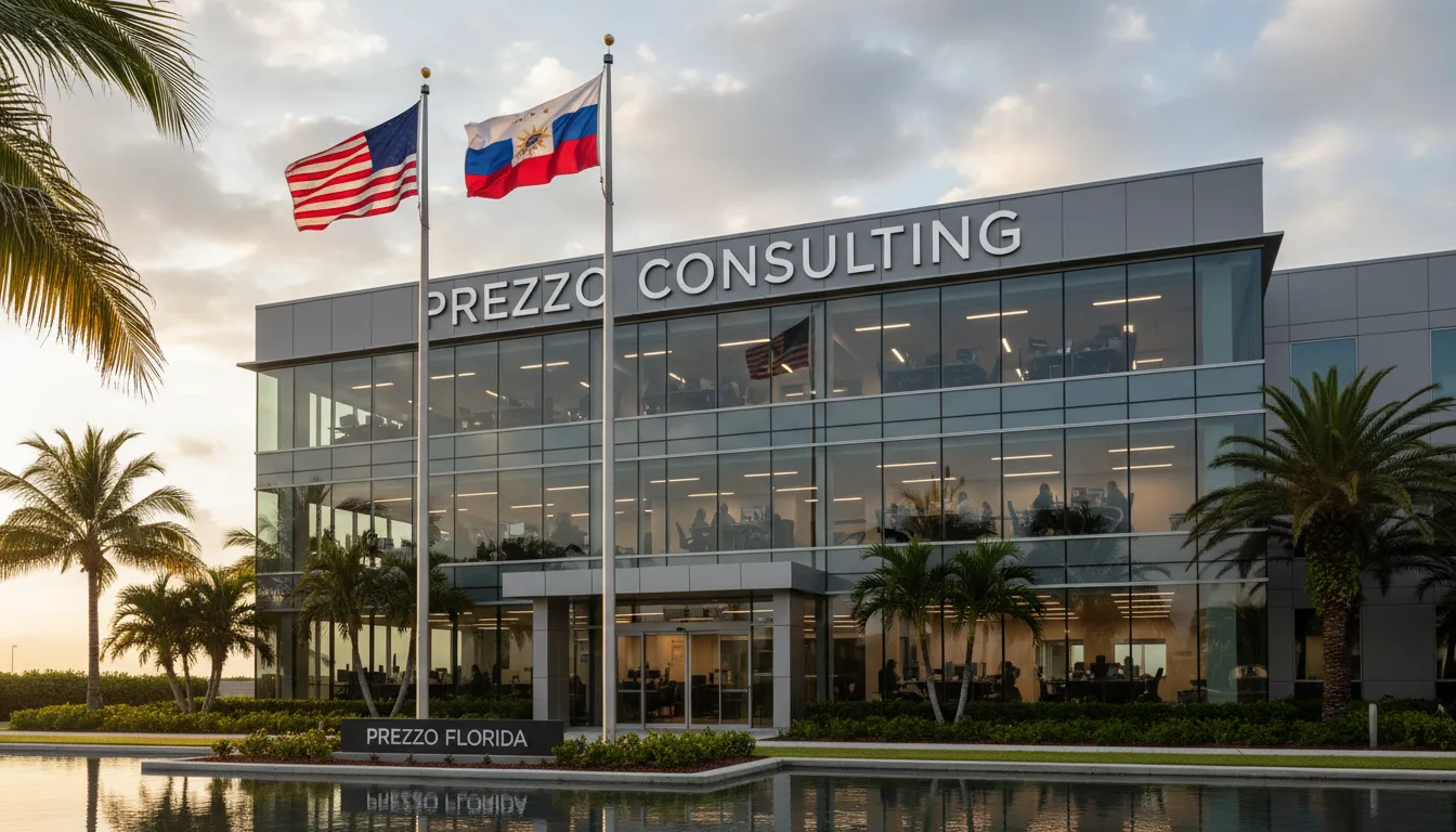 Edifício de escritórios moderno na Flórida com as bandeiras americana e latina. Prezzo Consulting: a solução ideal em contabilidad para emprendedores latinos en Florida.