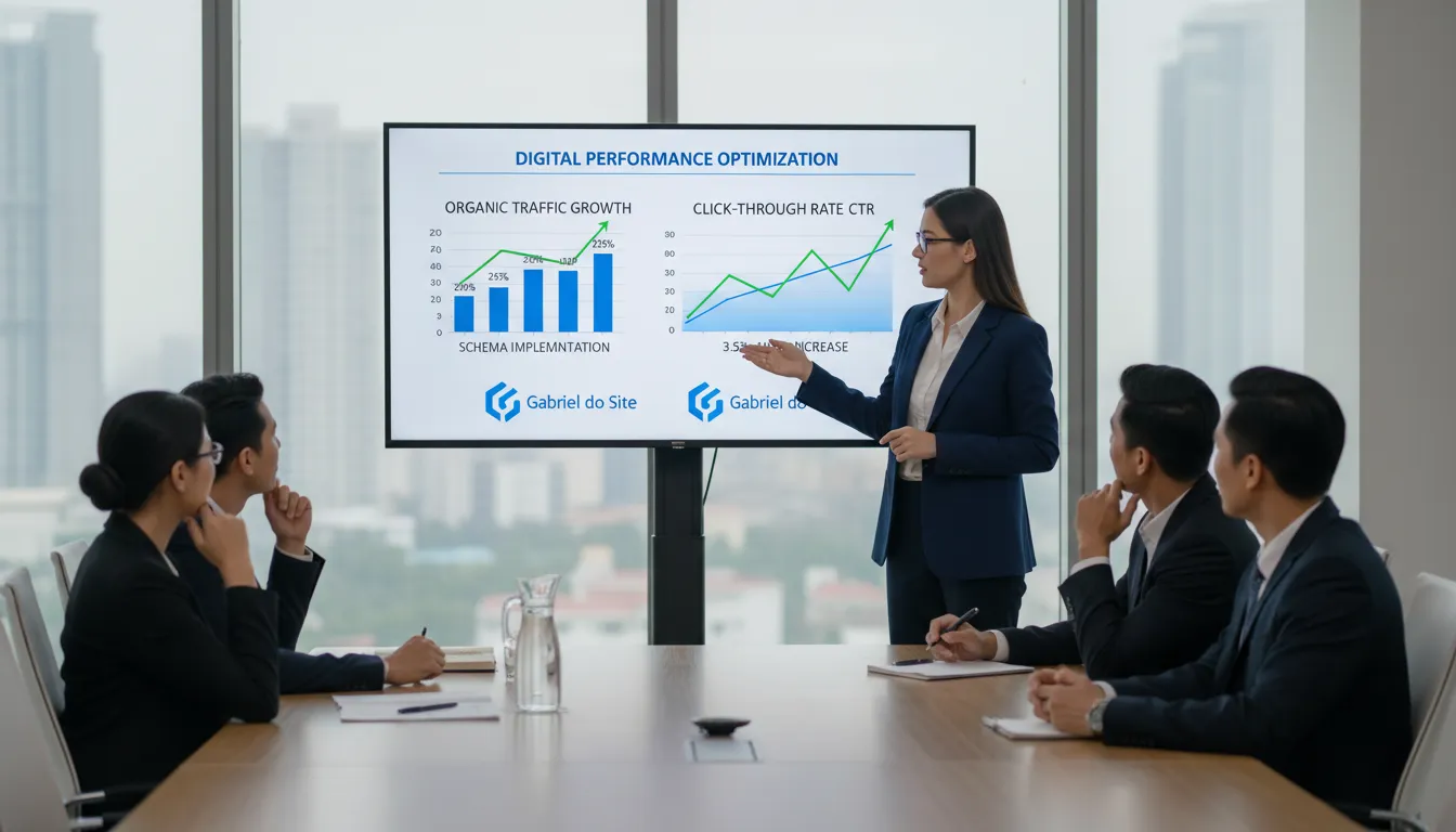 Dados Estruturados (Schema) em 2026: Por Que Importa 3 Consultor apresenta gráficos de tráfego orgânico e CTR após implementação de schema com marca Gabriel do Site.