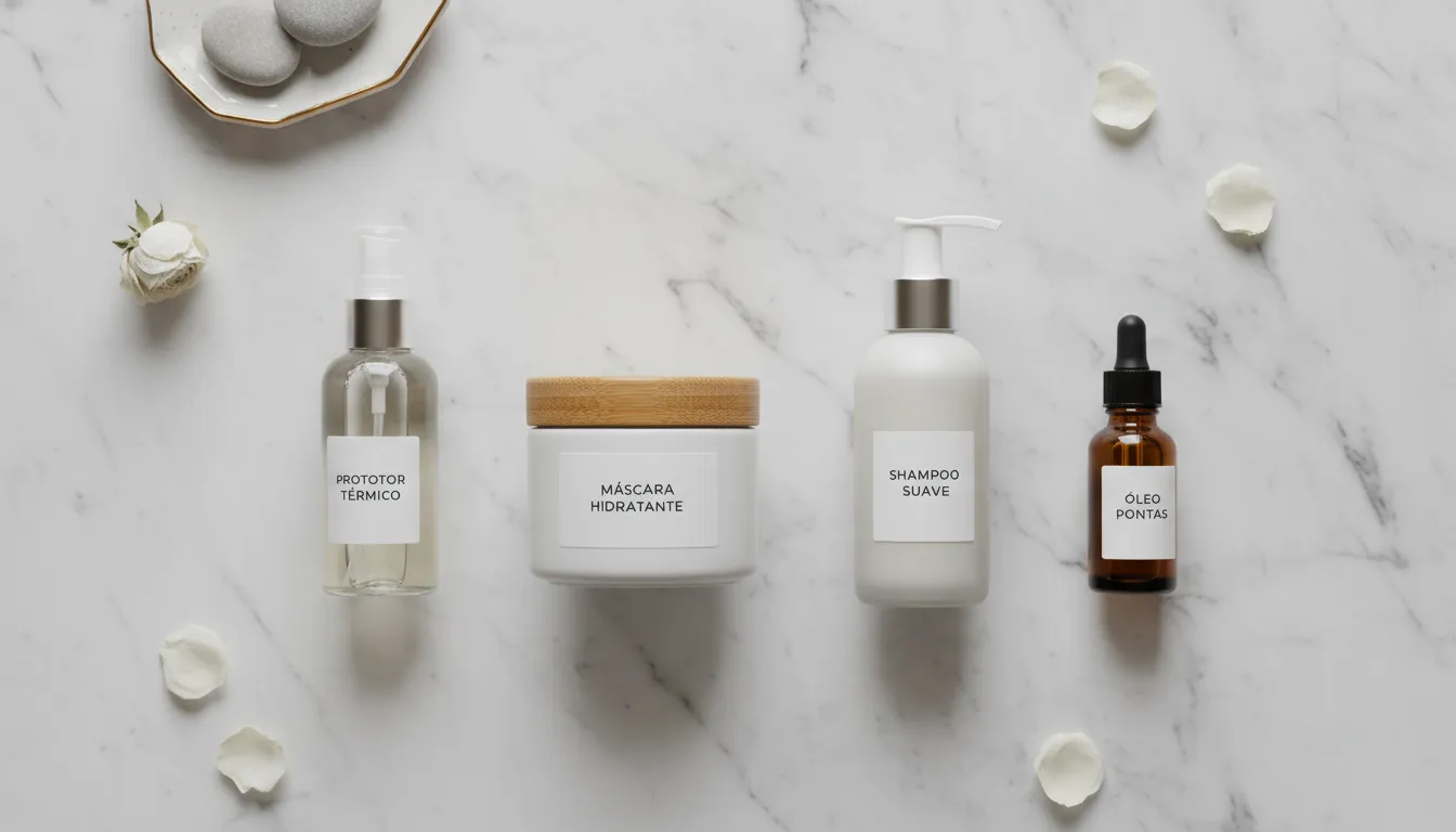 Produtos leves para cabelo liso organizados sob luz suave, indicando uma rotina eficiente de cuidados capilares.