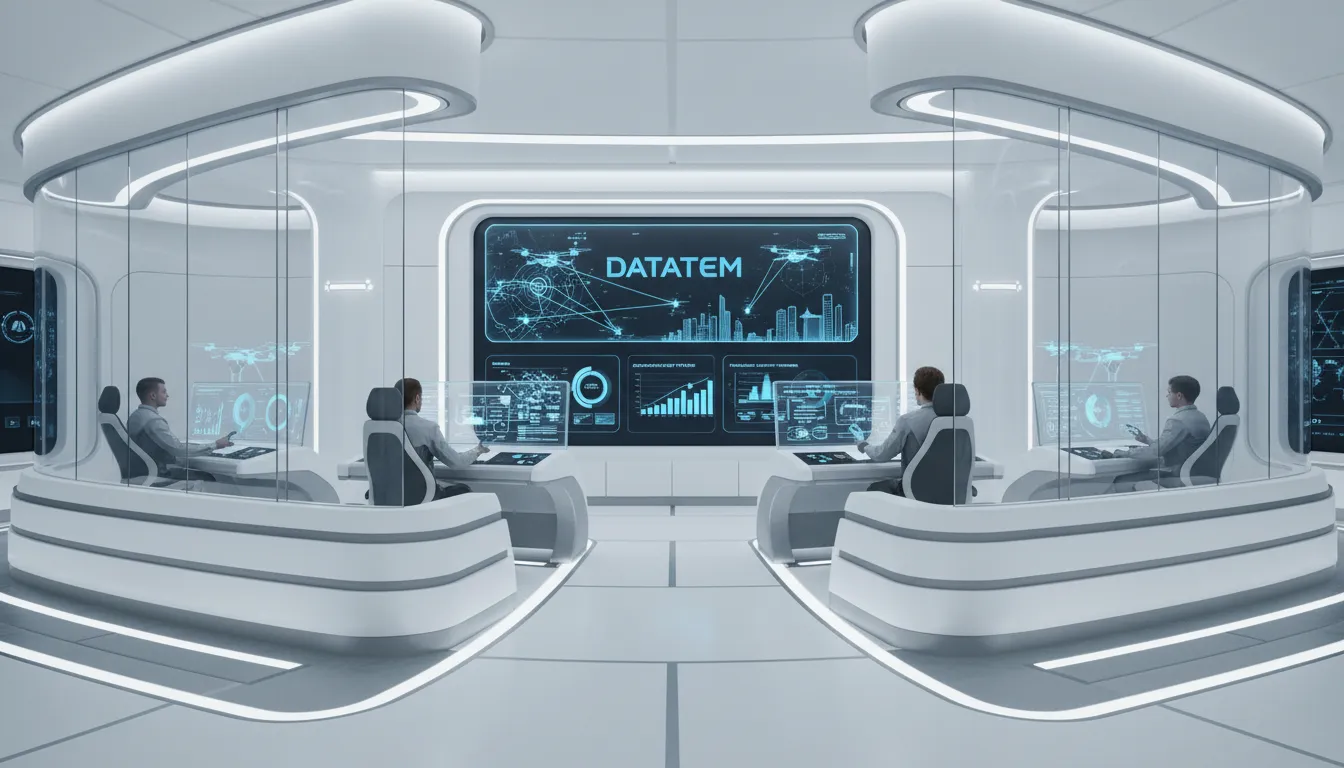 Central de controle futurística para logística de drones de entrega com a marca Datatem, mostrando a gestão da conectividade em tempo real.