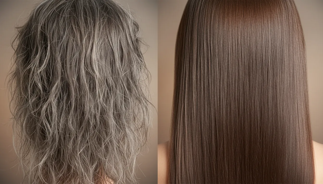 Cabelo dividido ao meio, ilustrando diferença entre fios danificados e bem cuidados na praia.