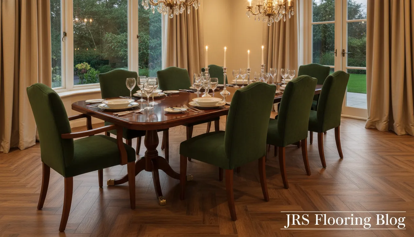 A stylish dining room with beautiful LVP flooring, reflecting modern design. JRS Flooring Blog offers top-tier flooring contractors near me for all needs.