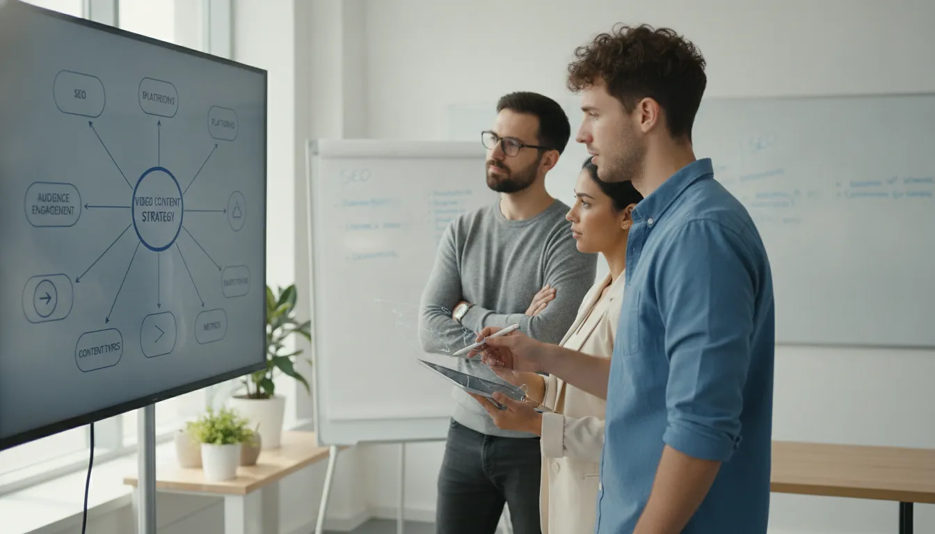 Equipe colaborando em estratégia de vídeo. O copywriting é chave para direcionar audiência à decisão de compra.