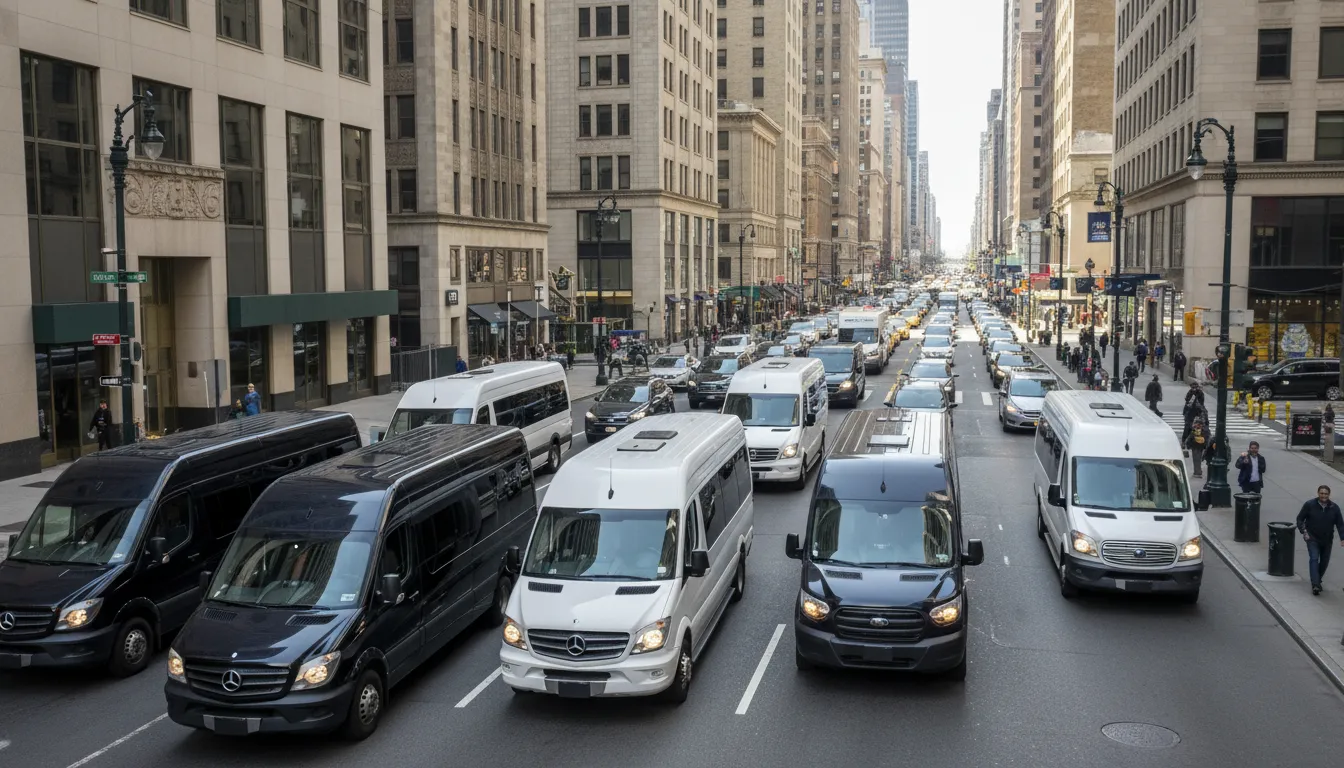 Vans executivas modernas transitando em rua movimentada da cidade, representando o financiamento van executiva.
