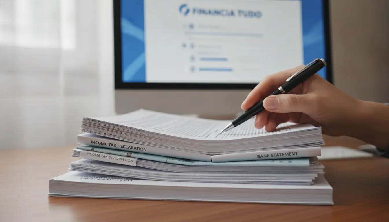Documentos organizados para análise de crédito para financiamento para término de obra, com caneta.