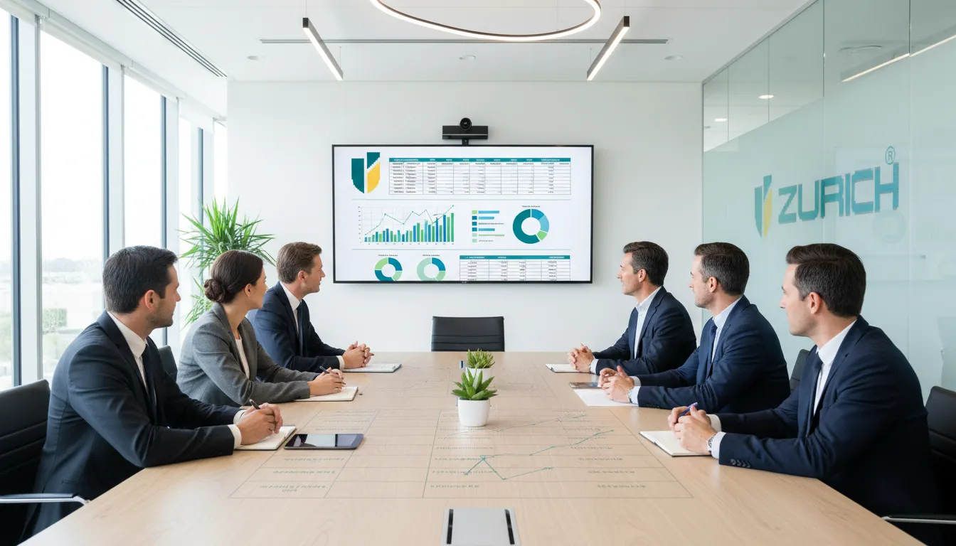 Profissionais de negócios reunidos em uma sala de conferência moderna discutindo estratégia financeira, com foco em uma apresentação da dre demonstração do resultado em uma tela grande.