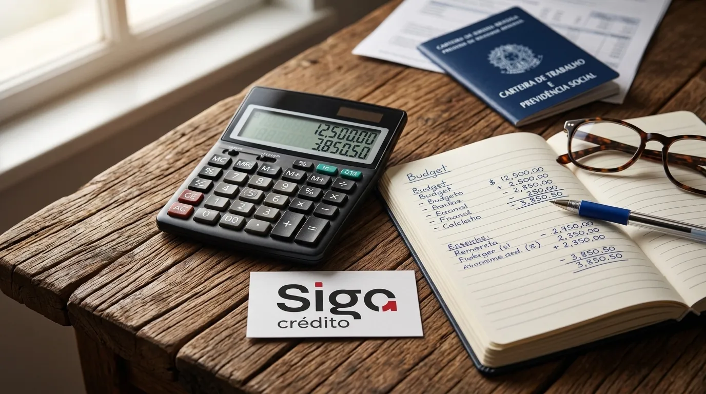 Calculadora e óculos sobre mesa para simulação de empréstimo consignado clt e planejamento.
