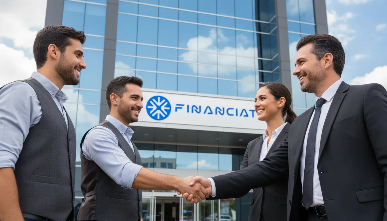 Aperto de mãos entre motoristas e empresários, representando a parceria para crédito com garantia de caminhão facilitada pela Financia Tudo.